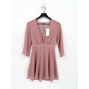 NWT Tobi Mauve Pink Deep V-Neck Mini Dress 3/4 Sleeves Small